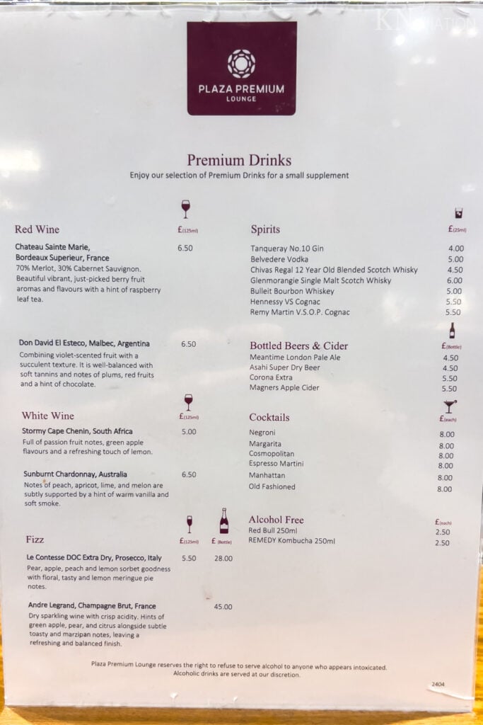 Plaza Premium (Heathrow Terminal 2) Premium Drink Menu