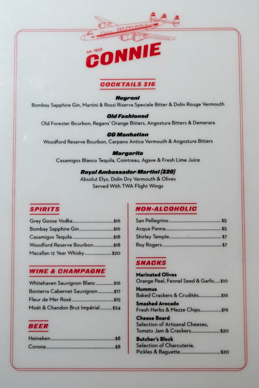 TWA Hotel Connie Cocktail Lounge Menu